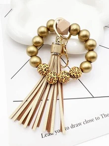 1入組女士釘珠和流蘇裝飾時尚鑰匙圈適用於鑰匙裝飾用品 - 金色 - 查看 3