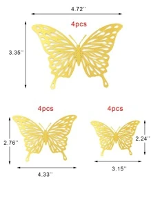 12pcs/set Hollow Out Design Butterfly Sticker, Modern Self Adhesive 3D Butterfly Wall Decor For Home Decoration - Gold - View 2