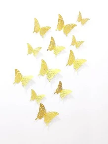 12pcs/set Hollow Out Design Butterfly Sticker, Modern Self Adhesive 3D Butterfly Wall Decor For Home Decoration - Gold - View 3