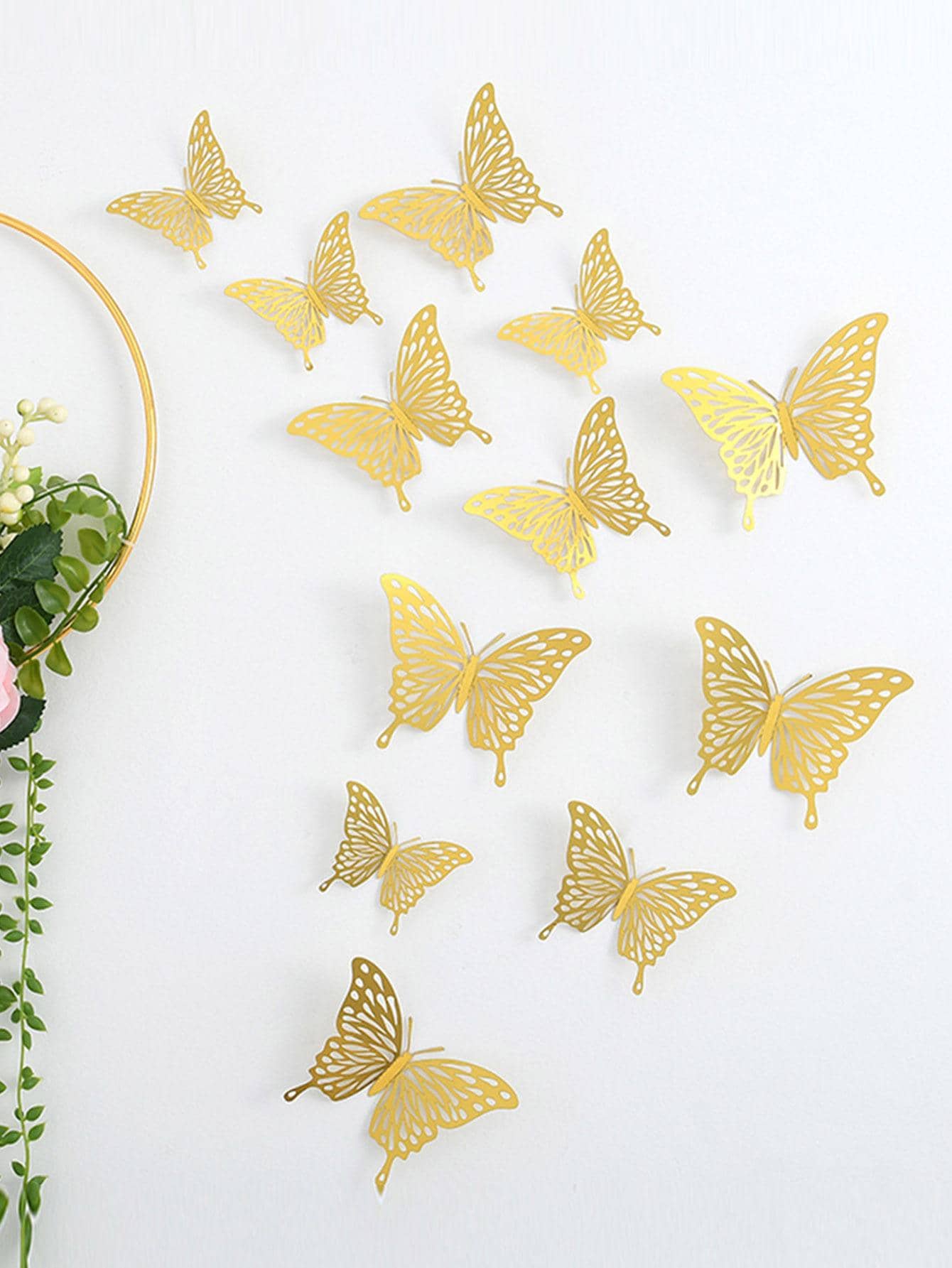12pcs/set Hollow Out Design Butterfly Sticker, Modern Self Adhesive 3D Butterfly Wall Decor For Home Decoration - Gold - View 1