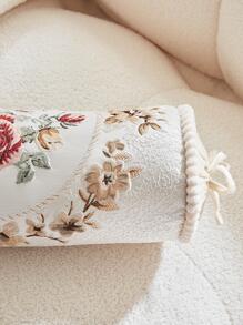 1件花卉刺繡枕套，圓柱形糖果枕套，不含枕芯 - 米色 - 查看 4