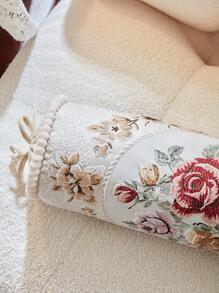 1件花卉刺繡枕套，圓柱形糖果枕套，不含枕芯 - 米色 - 查看 6