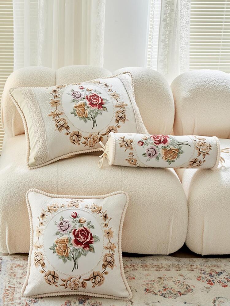1pc Floral Embroidered Pillow Case, Cylindrical Candy Pillow Case, Pillow Insert Not Included - Beige - View 6