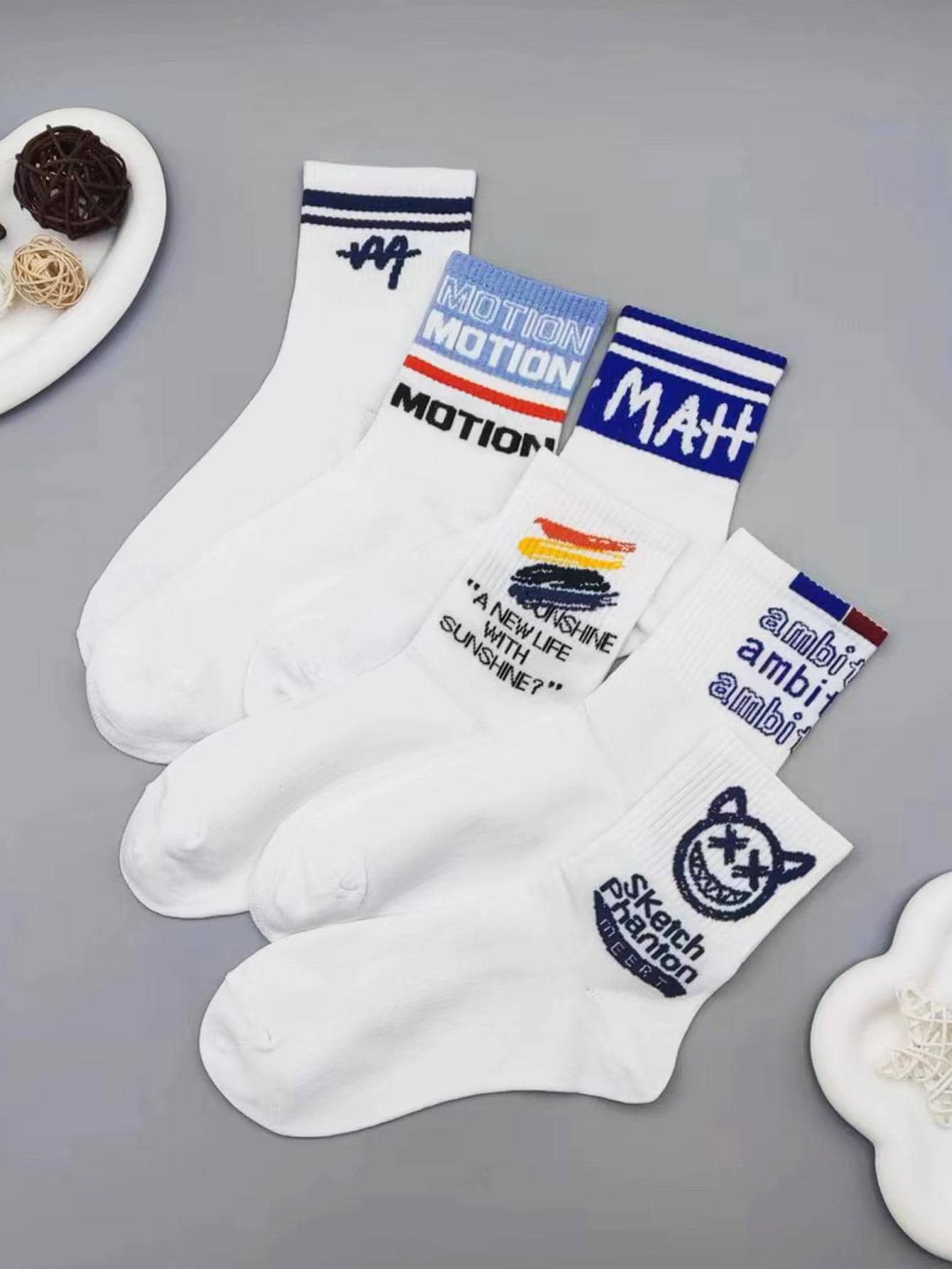 6pairs Men Letter & Striped Print Fashionable Crew Socks For Daily Life - White - View 1