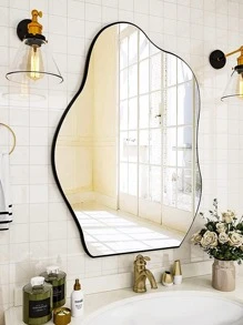 不规则梳妆镜 24 英寸 X 32 英寸化妆镜装饰镜现代墙镜木质框架不对称浴室镜卧室客厅玄关镜墙壁装饰房间装饰镜家居装饰浴室装饰客厅装饰 - 黑色 - 查看 5