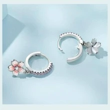 WOSTU 1pair Vintage Flower Crystal Hoop Earrings Women 925 Sterling Silver Pink Cherry Blossoms Drop Earring Wedding Statement Earrings Valentines