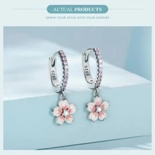WOSTU 1pair Vintage Flower Crystal Hoop Earrings Women 925 Sterling Silver Pink Cherry Blossoms Drop Earring Wedding Statement Earrings Valentines