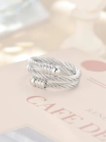 可調節開口鈦鋼戒指時尚鋼絲扭絞情人戒指復古街頭搖滾個性戒指韓式罕見情侶戒指運動手飾 - 銀色 - 查看 4