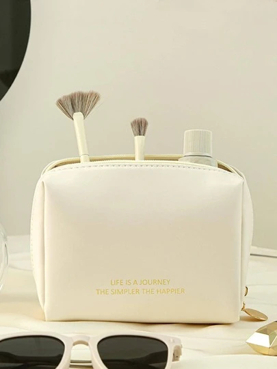 1pc Slogan Graphic Toiletry Storage Bag, White Cosmetic Bag For Travel,For Holiday Beach, Bathroom Collection, Bedroom Collection, Large Capacity