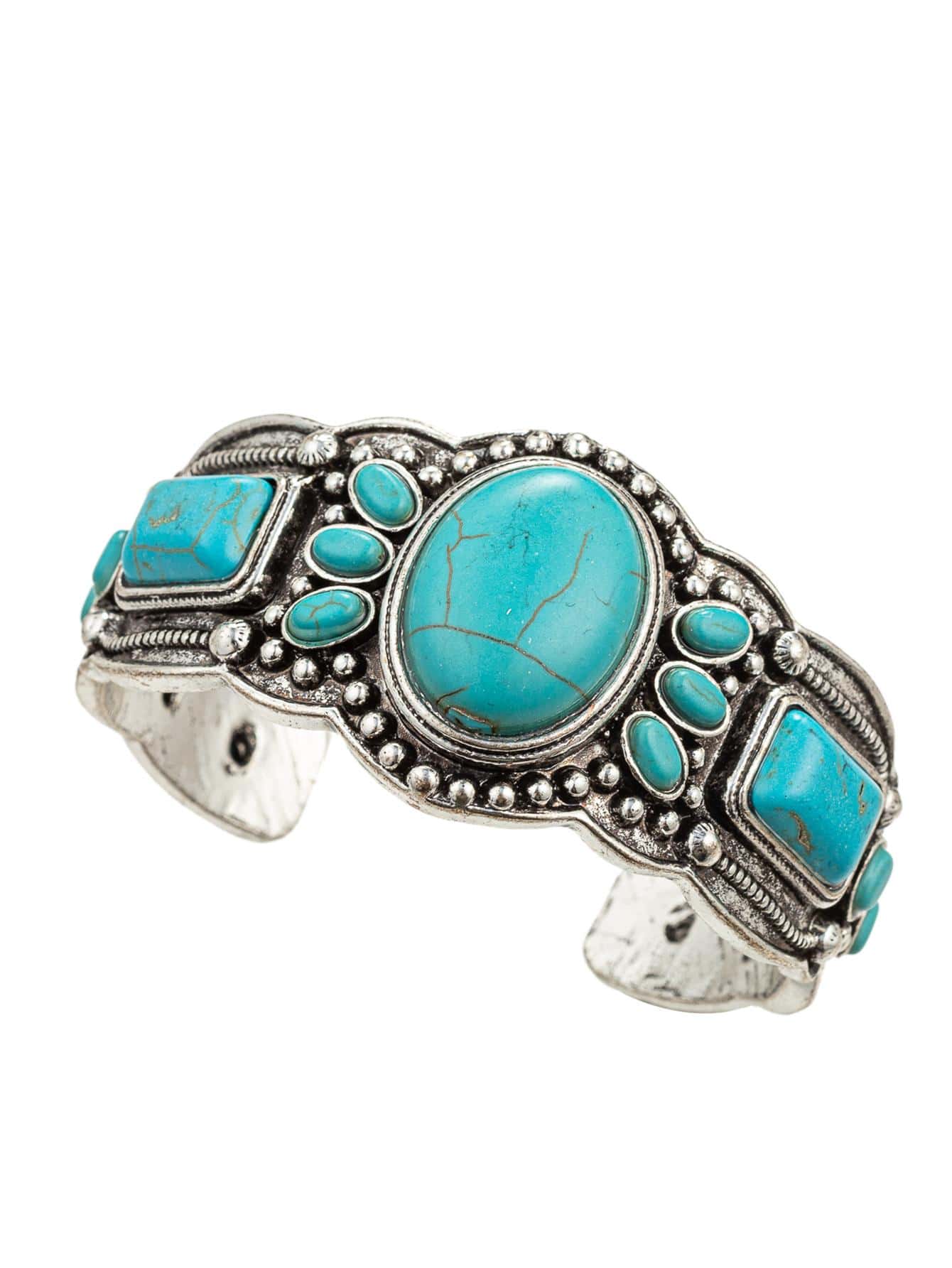 FANYINAN Vintage Silver Bracelet, European And American Carved Synthetic Turquoise Bracelet, Women's Jewelry, European And American Fashionable Turquoise Bohemian Style Bracelet - Antique Silver - View 1