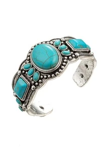 FANYINAN Vintage Silver Bracelet, European And American Carved Synthetic Turquoise Bracelet, Women's Jewelry, European And American Fashionable Turquoise Bohemian Style Bracelet - Antique Silver - View 4