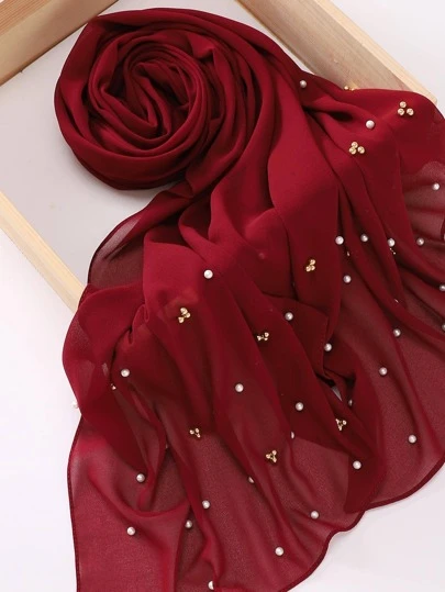 1 件女士纯色雪纺长围巾带珍珠装饰面纱衣服、长袍配饰柔软头巾