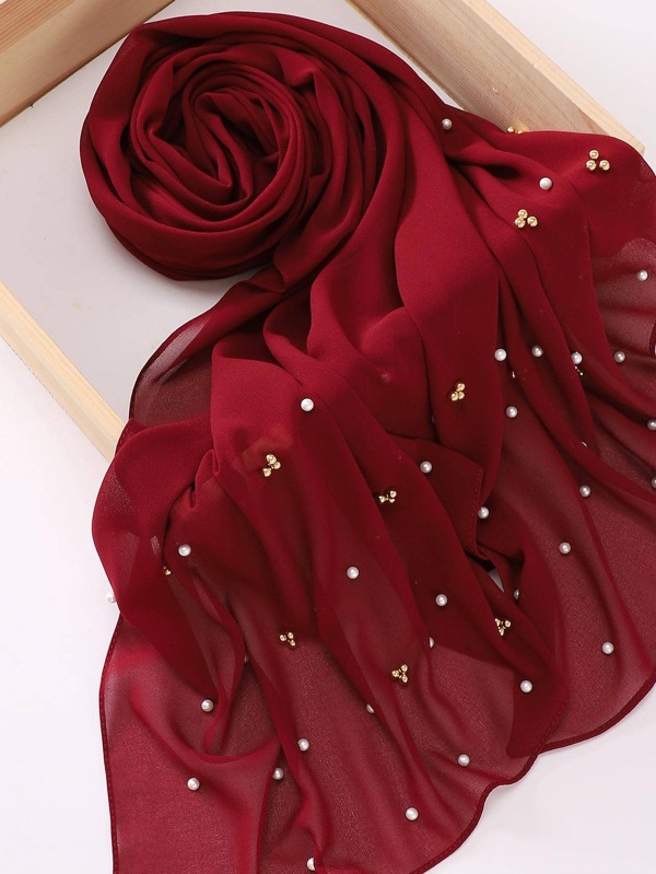 1pc Women's Solid Color Chiffon Long Scarf With Pearl Decoration Veiled Clothes,Abayas Accessories Soft Hijab