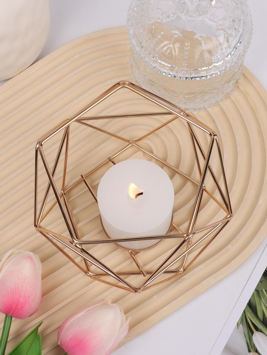 1入組幾何設計燭台北歐金鐵蠟燭容器用於家居裝飾 - 金色 - 查看 1