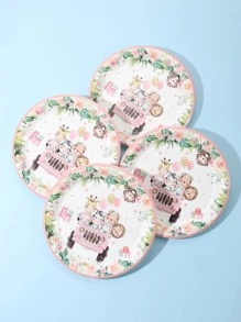 10pcs Cartoon Animal Pattern Disposable Plate, 7 Inch Cute Paper Disposable Plate For Birthday Party