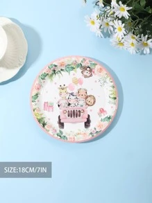 10pcs Cartoon Animal Pattern Disposable Plate, 7 Inch Cute Paper Disposable Plate For Birthday Party