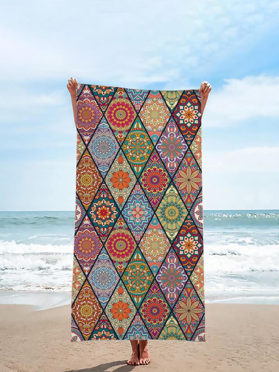 1pc Colorful Mandala Pattern Beach Towel, Modern Soft Absorbent Swimming Towel For Outdoor - Multicolor - View 1