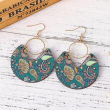 復古波西米亞風西方風格彩色佩斯利印花木頭雙面圓形耳環適合女士 - 綠色 - 查看 4
