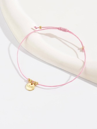 1入組合金Love字母細節圓形吊飾粉色編織手鏈