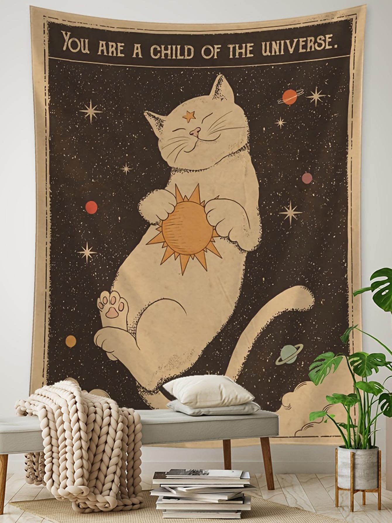 1 件卡通猫图案挂毯，现代法兰绒挂毯海报壁挂卧室美学，壁挂毯