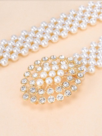 1件装女士时尚仿珍珠和水钻装饰优雅腰带，适合日常穿搭装饰，夏季、秋季、万圣节等场合。