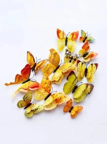 12入組3D雙層蝴蝶形蛋糕裝飾現代塑料蛋糕卡適合派對用品 - 黃色 - 查看 1