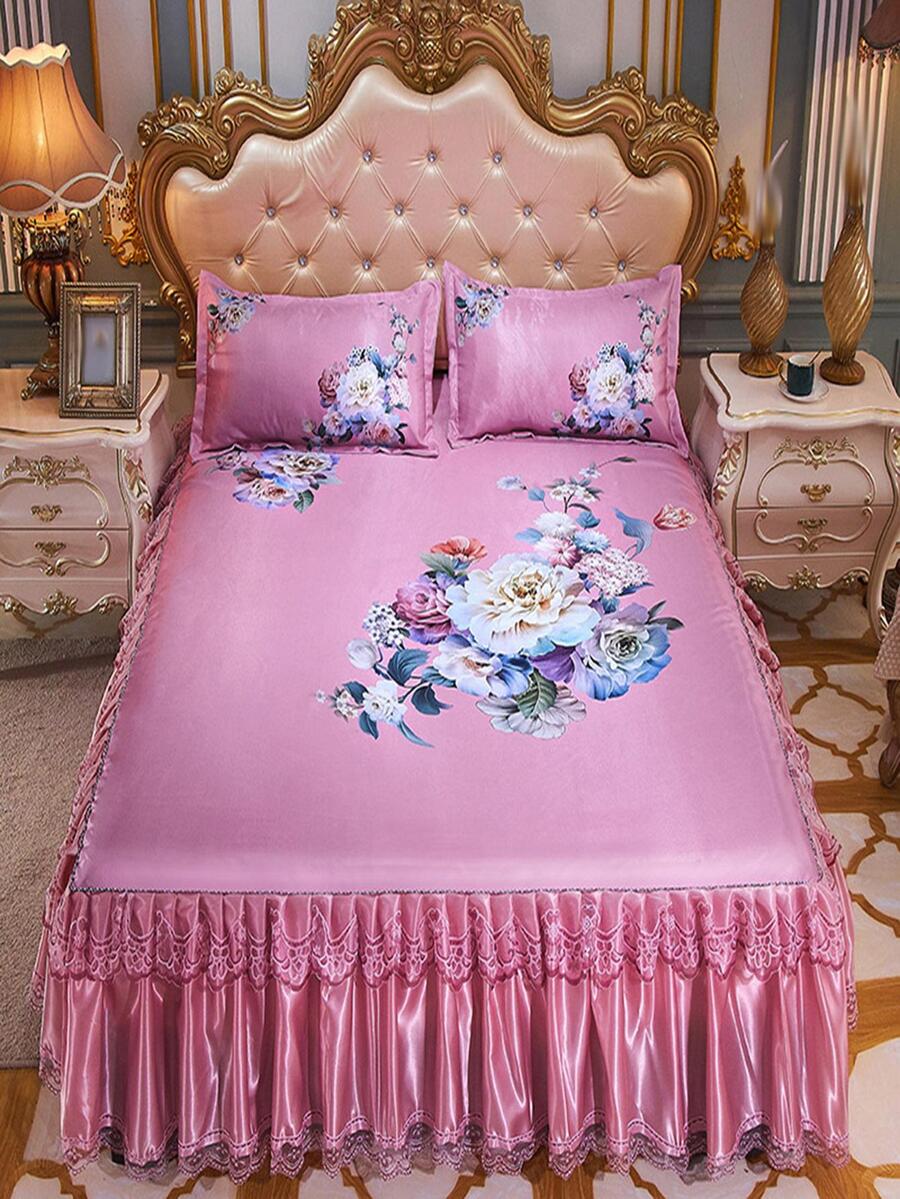 3pcs/set Floral Print Ruffle Trim Bed Skirt Set Without Filler, Modern Fabric Bed Sheet Set For Home - Multicolor - View 1