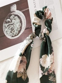 印花飄帶髮圈 - 綠色 - 查看 2