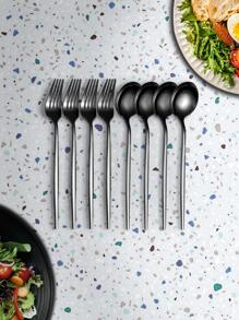 8入組不銹鋼湯匙和叉現代素色餐具套裝 - 黑色 - 查看 1