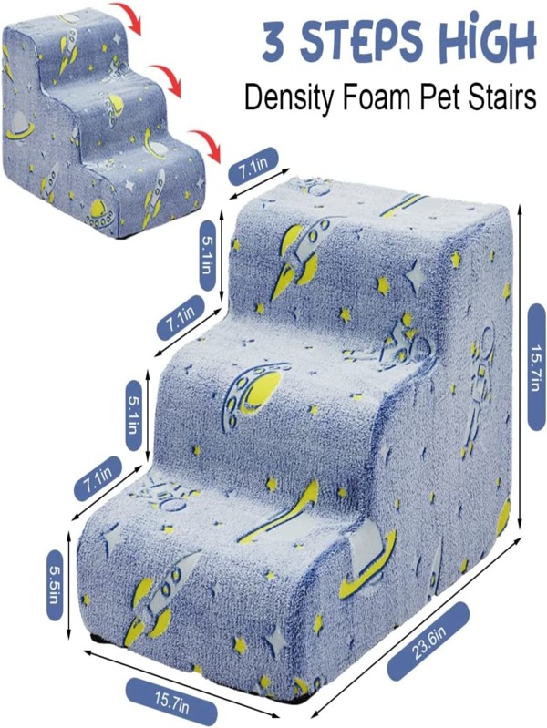 High Density Foam Dog Stairs, 3 Steps Dog Ramps with Removable Cover, Pet Steps for Small Medium