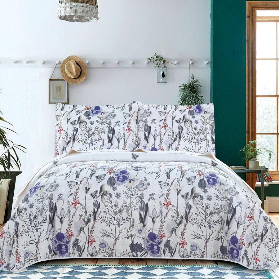 Purple Floral Quilt Sets Reversible Countryside Bedspread Coverlets Lightweight Summer Flower Bedding Set Tulip Butterfly Printed Bed Cover Set with 2 Pillow Shams - Màu tím  Violet - Xem 1