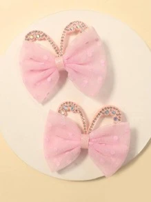 2 件装女孩蝴蝶结和水钻装饰鳄鱼发夹，用于头发装饰 - 珊瑚粉 - 查看 1