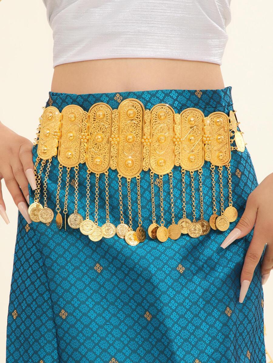 1入組女士圓形吊飾魅力四射鏈條腰帶適合派對 - 金色 - 查看 1