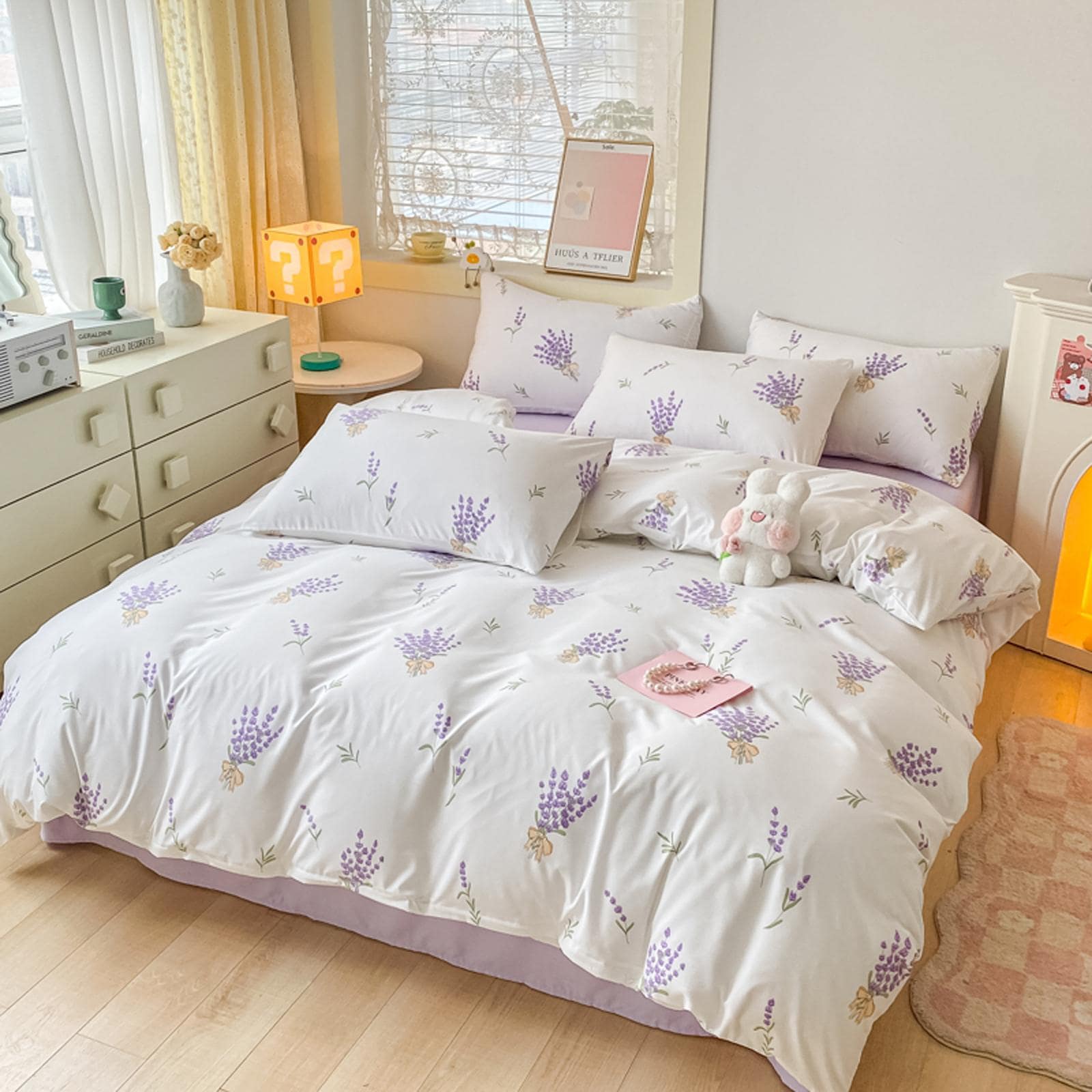 Bộ 4 vỏ chăn họa tiết hoa oải hương gồm 1 vỏ, 1 ga trải phẳng, 2 vỏ gối không đầy, bộ vỏ chăn polyester gia đình hiện đại - Màu tím hoa cà - Xem 1