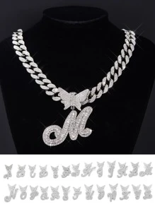 1 Stück Hip Hop Iced Out Strass Herrenhalskette Schmetterling 26 A-z Buchstaben Sind Optional Anfangsbuchstaben Halskette Für Frauen 15mm Coole Miami Schmuck Gliederkette Für Frauen Und Jungen Geschenk