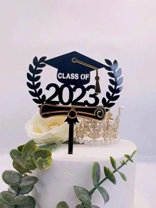 1pc Graduation Party Cake Topper, Black Letter & Doctor Hat Shaped Cake Top Decoration For Party - Black - View 2