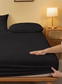 1pc Soft & Breathable Solid Color Brushed Fitted Sheet, Minimalist Modern Fitted Sheet Mattress Cover, Bedroom Bedspread, Pink Bedding Mattress Protector, White Linens, Twin Size Bedding Set, Queen Size Extra Large Bed Spread (Pillow And Pillow Case Not Included) - Black - View 3