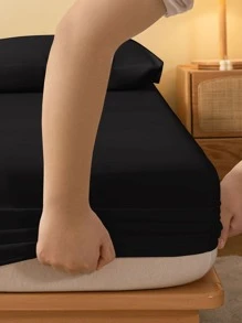 1pc Soft & Breathable Solid Color Brushed Fitted Sheet, Minimalist Modern Fitted Sheet Mattress Cover, Bedroom Bedspread, Pink Bedding Mattress Protector, White Linens, Twin Size Bedding Set, Queen Size Extra Large Bed Spread (Pillow And Pillow Case Not Included) - Black - View 4