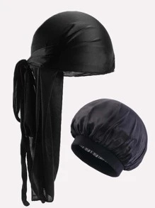 1 pieza Hombres unicolor casual Durag & 1 pieza Gorro de pelo para vida diaria - Negro - Ver 1