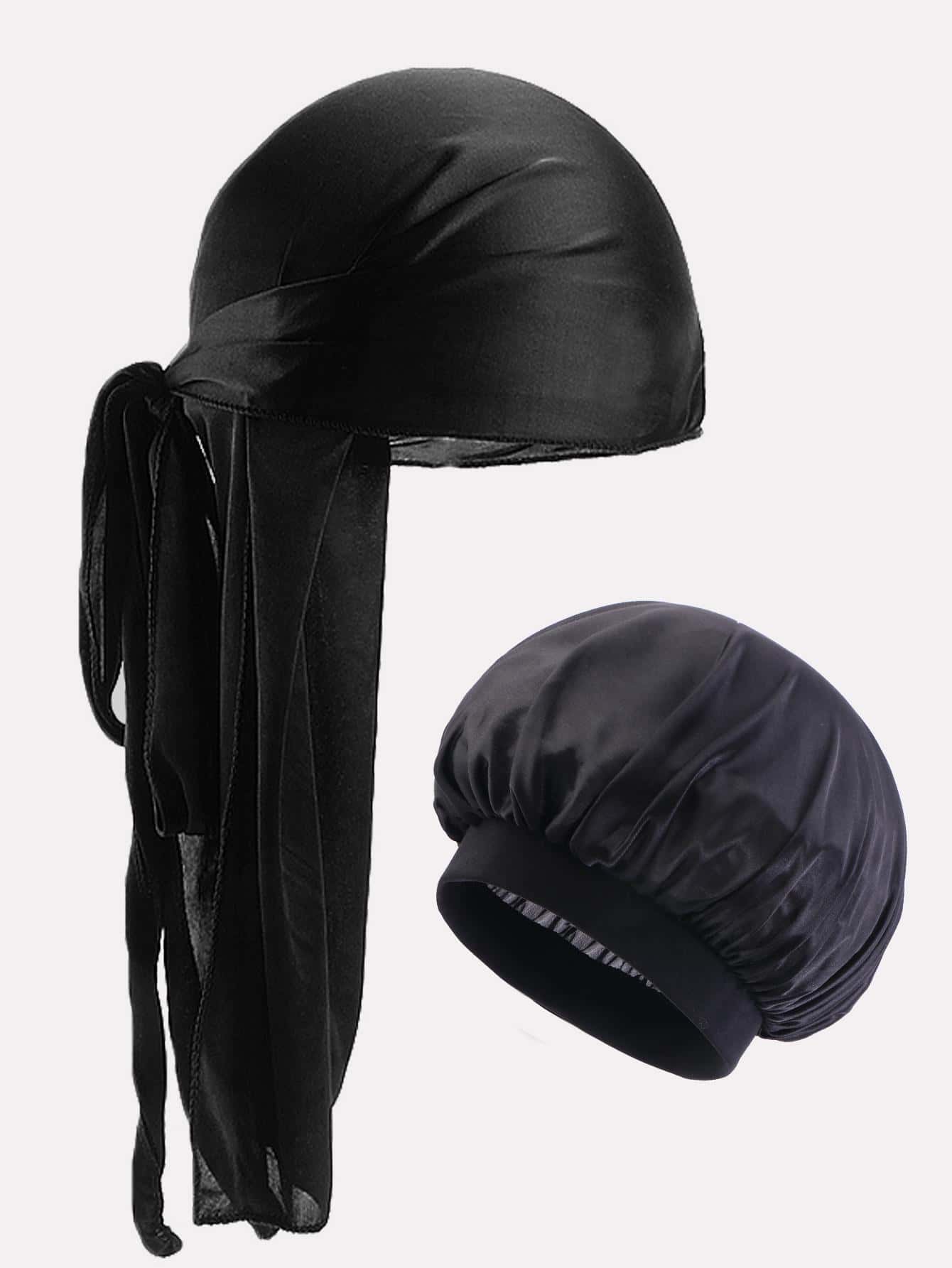 1 pieza Hombres unicolor casual Durag & 1 pieza Gorro de pelo para vida diaria - Negro - Ver 1
