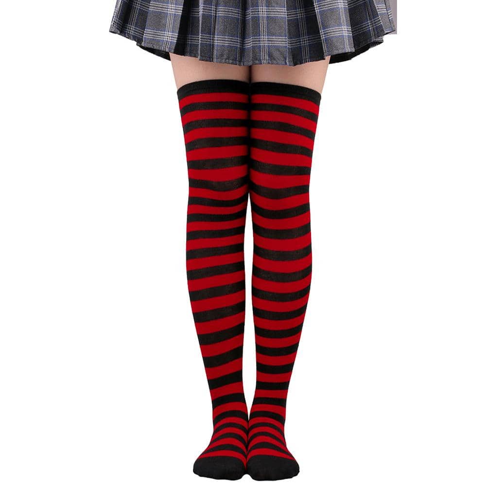 Yellow-Black & Purple-Black Wide Stripe Thigh High Socks For Women, Cosplay - Red - View 1