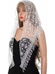 1pc Ditsy Floral Lace Bridal Triangle Headscarf - White - View 1