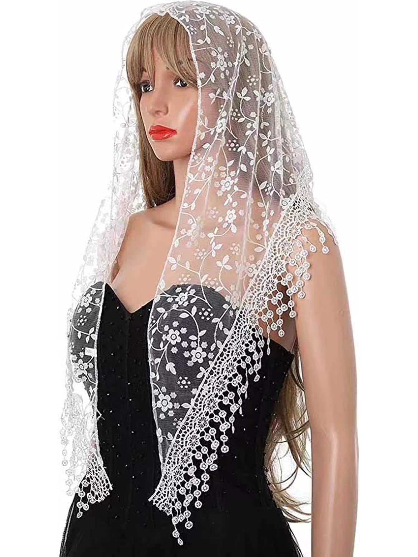 1pc Ditsy Floral Lace Bridal Triangle Headscarf - White - View 1