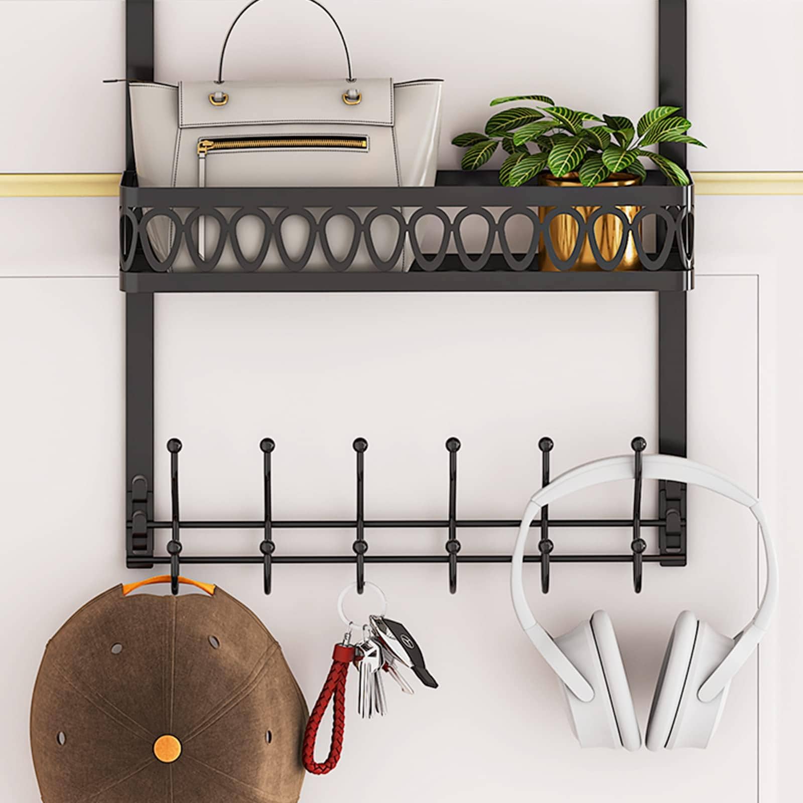 Over The Door Hooks Hanger For Clothes, Over The Door Towel Rack With Basket, Coat Hanger Over Door Bathroom Organizer, Black - màu đen - Xem 1