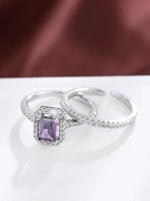 2 件镀金微镶嵌方晶锆石戒指，婚礼、订婚、求婚礼物 - 紫色 - 查看 2