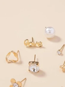 30對/組時尚鋅合金心形&人造珍珠裝飾耳環,女士日常裝飾必備 - 金黃色 - 查看 5