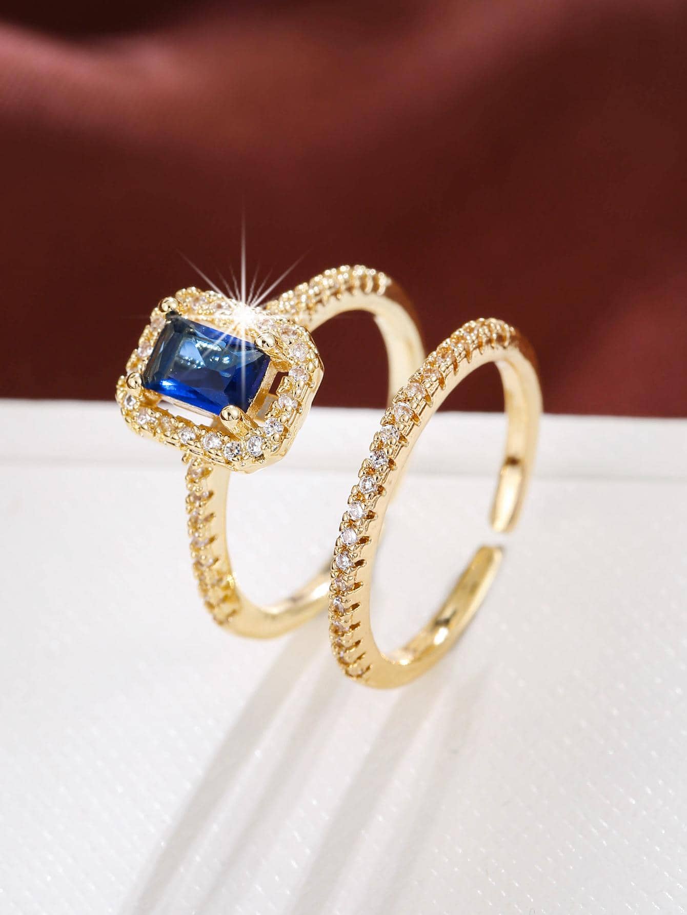 2 chiếc nhẫn Cubic Zirconia mạ vàng khảm siêu nhỏ, Quà tặng trang sức cho đám cưới, đính hôn, cầu hôn - Màu xanh lam - Xem 1