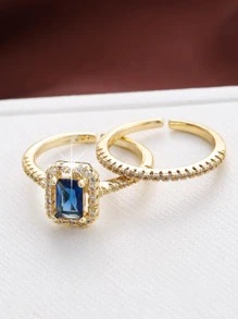 2 chiếc nhẫn Cubic Zirconia mạ vàng khảm siêu nhỏ, Quà tặng trang sức cho đám cưới, đính hôn, cầu hôn - Màu xanh lam - Xem 2