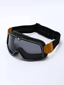 1副复古摩托车护目镜，复古骑行防护眼镜，网格图案，飞行员款式，防风防沙设计，可调节弹性绑带，泡沫衬垫，时尚滑雪护目镜 - 黑色 - 查看 3