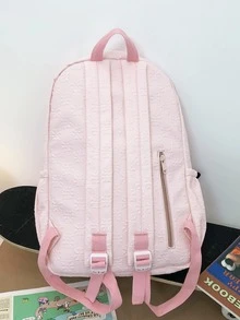 Letter Patch Detail Classic Backpack Polyester Preppy School Bag For Graduate, Teen Girls, Freshman, Sophomore, Junior & Senior In College, University & High School, Perfect For Outdoors , Hiking,Climbing,Travel,Sports & Back To School - Baby Pink - View 3